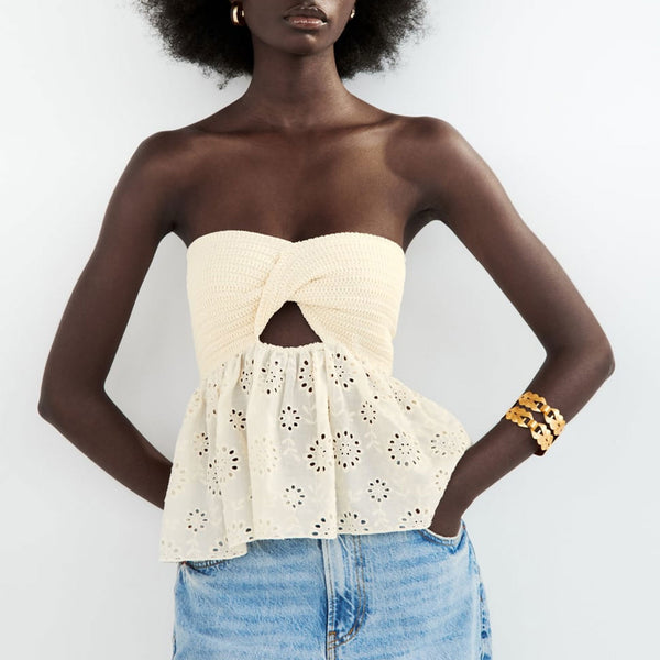 Sexy Solid Color Embroidered Spliced Cutout Front Twisted Knit Tube Top