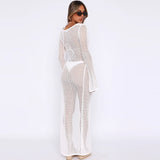 Sexy Tie Neck Cutout Bell Sleeve Split See Through Crochet Knit Maxi Dress