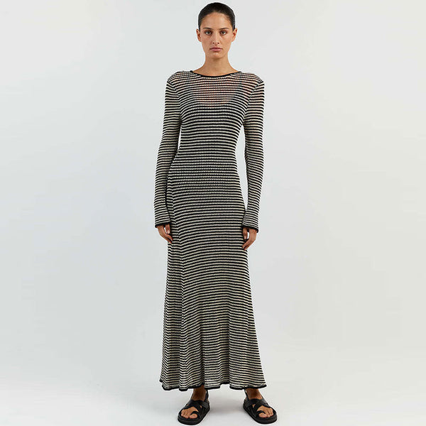 Sleek Open Wavy Black and White Striped Crochet Knit Fishtail Maxi Dress