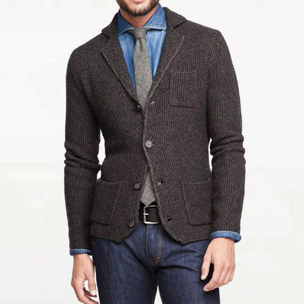 Smart Lapel Collar Long Sleeve Pocket Men Button Up Knit Blazer