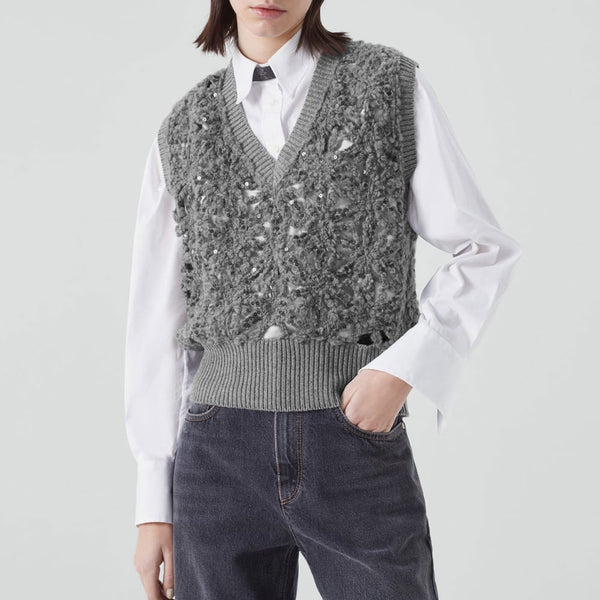 Smart Ribbed V Neck Wool Blend Floral Crochet Open Knit Sequin Sweater Vest