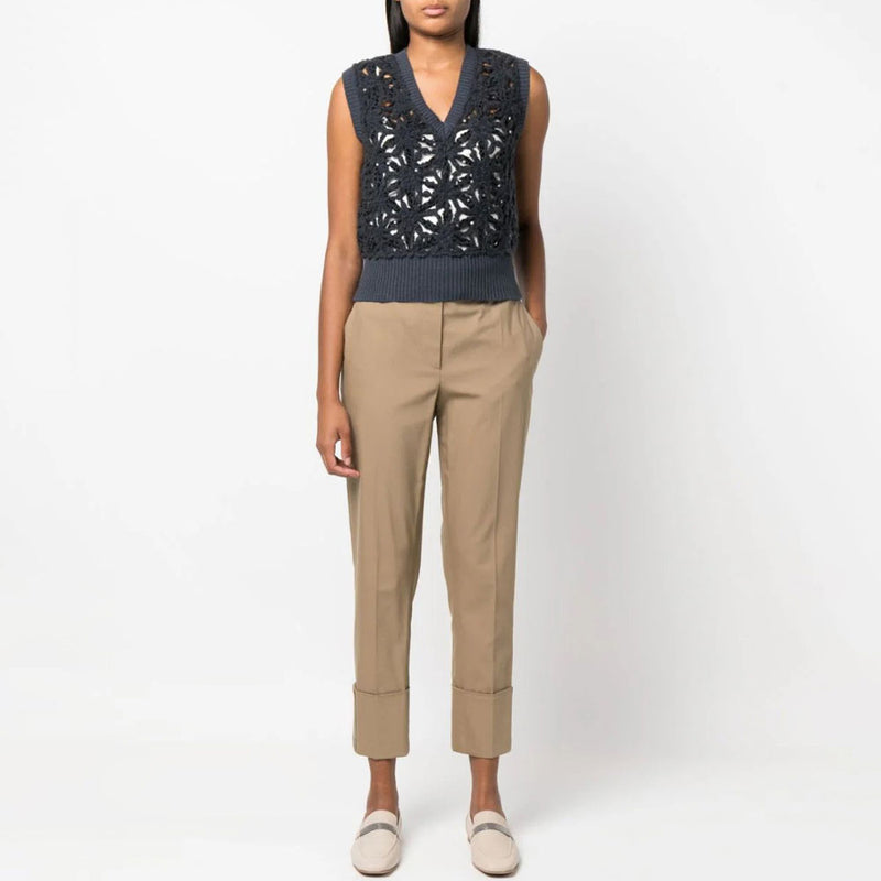 Smart Ribbed V Neck Wool Blend Floral Crochet Open Knit Sequin Sweater Vest