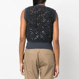 Smart Ribbed V Neck Wool Blend Floral Crochet Open Knit Sequin Sweater Vest