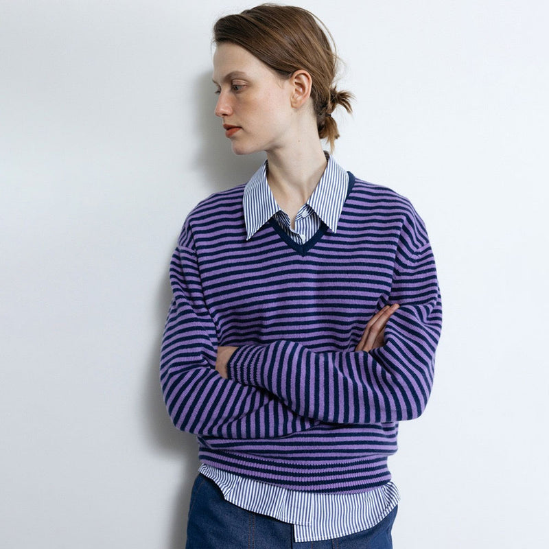 Soft Cashmere Blend Contrast Striped Knit V Neck Long Sleeve Oversized Pullover Sweater