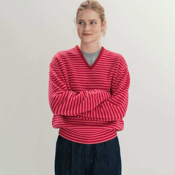 Soft Cashmere Blend Contrast Striped Knit V Neck Long Sleeve Oversized Pullover Sweater