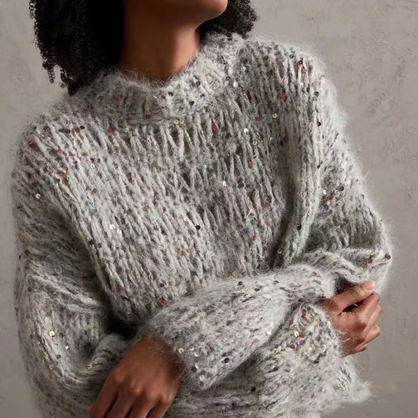 Sparkly Chunky Yarn Tweed Knit Mohair Blend Cropped Oversized Sequin Sweater