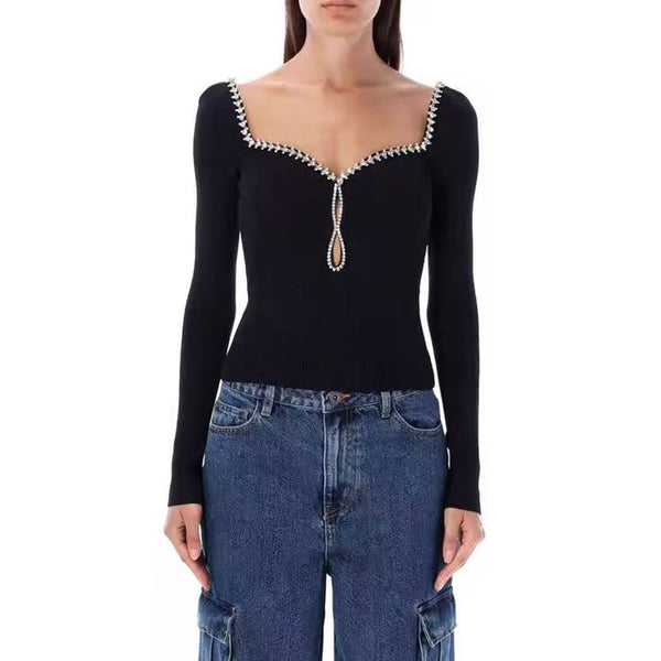 Sparkly Crystal Trim Sweetheart Neck Keyhole Long Sleeve Rib Knit Sweater