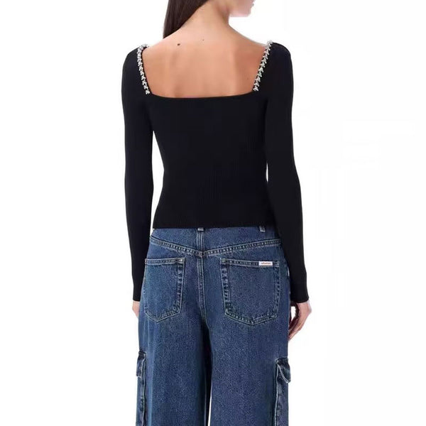Sparkly Crystal Trim Sweetheart Neck Keyhole Long Sleeve Rib Knit Sweater