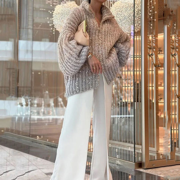 Sparkly Gradient Brioche Knit High Neck Long Sleeve Zip Up Oversized Sequin Cardigan