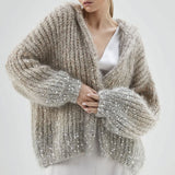 Sparkly Gradient Mohair Blend Rib Knit Hooded Button Up Sequin Cardigan