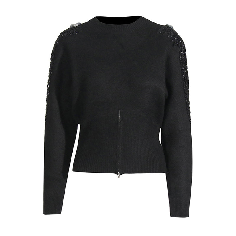 Sparkly Rhinestone Beaded Fringe Ribbed Knit Zip Trim Oversized Sweater