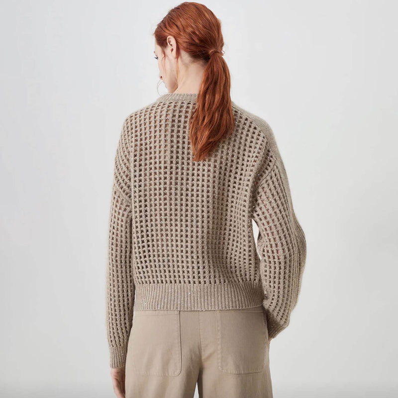 Sparkly Ribbed Crew Neck Long Sleeve Cashmere Blend Open Knit Sequin Sweater