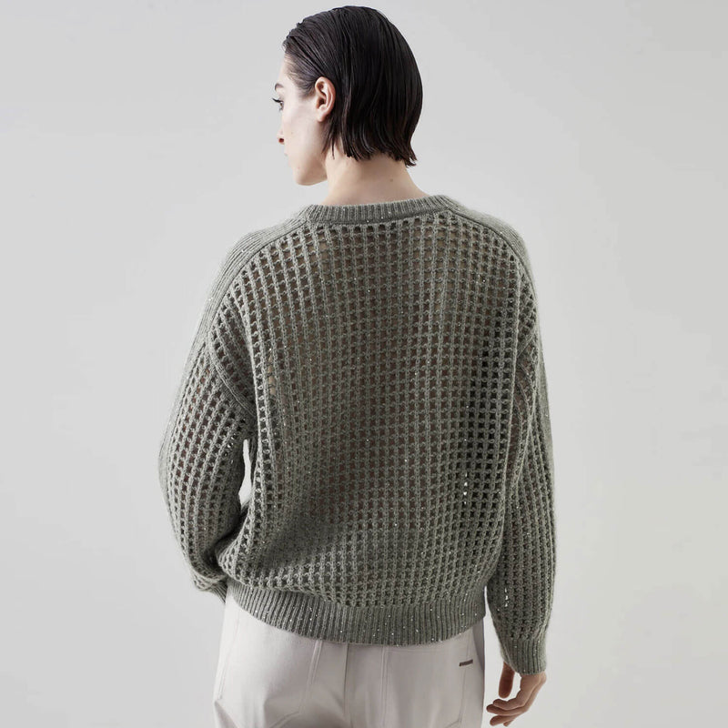 Sparkly Ribbed Crew Neck Long Sleeve Cashmere Blend Open Knit Sequin Sweater