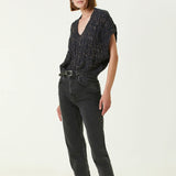 Sparkly Ribbed V Neck Drop Shoulder Linen Cable Knit Sequin Sweater Vest