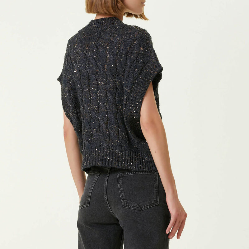 Sparkly Ribbed V Neck Drop Shoulder Linen Cable Knit Sequin Sweater Vest