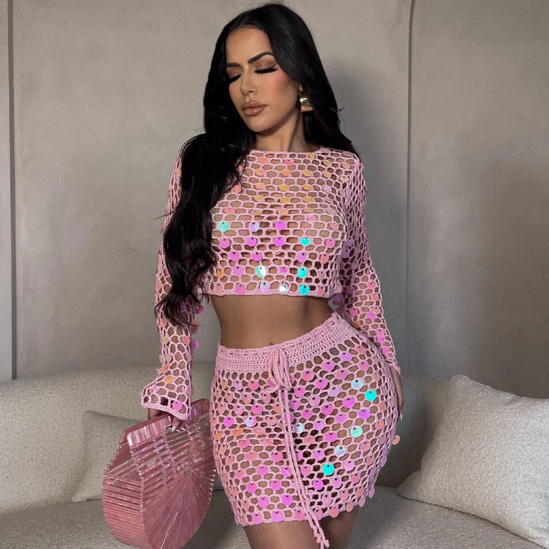 Sparkly Sequin Sheer Crochet Knit Crop Top and High Rise Skirt Matchin Fox Sweaters