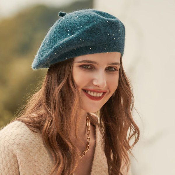 Sparkly Sequined Embellished Textured Ribbed Knit Beret Hat