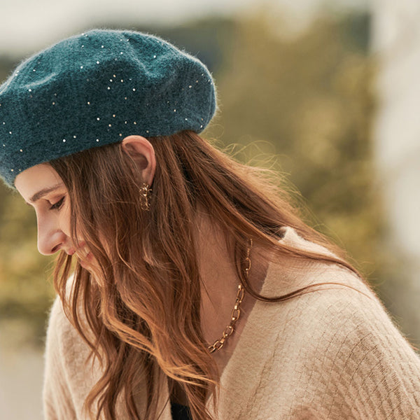 Sparkly Sequined Embellished Textured Ribbed Knit Beret Hat