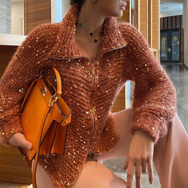 Sparkly Solid Brioche Knit High Neck Long Sleeve Zip Up Oversized Sequin Cardigan