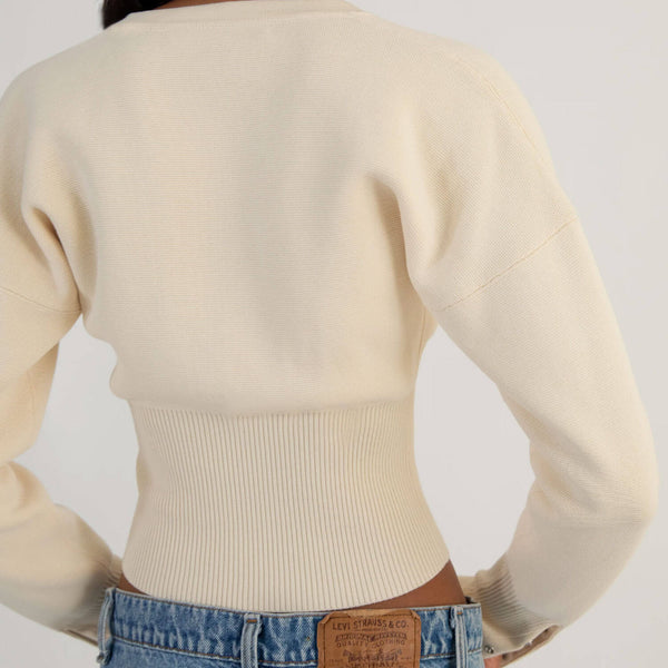 Street Crew Neck Long Sleeve Button Front Ribbed Knit Fitted Waist Cardigan