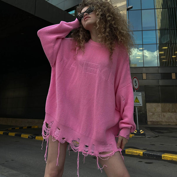 Street Fashion Letter Distressed Crew Neck Pullover Oversized Sweater