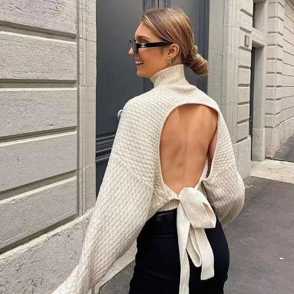 Street Style Cut Out Back Bow Tie Drop Shoulder Textured Knit Turtleneck Cropped Sweater