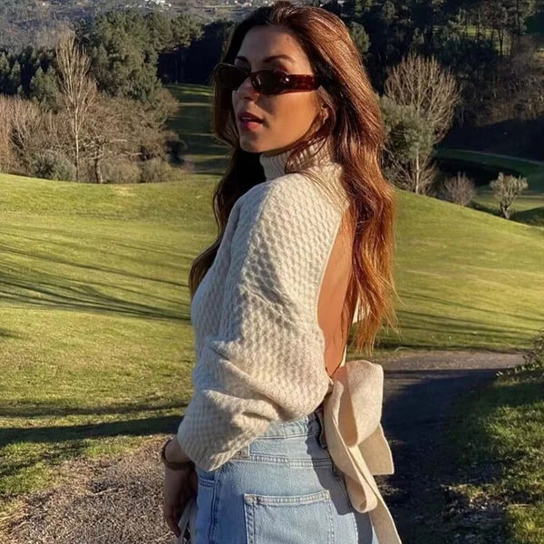 Street Style Cut Out Back Bow Tie Drop Shoulder Textured Knit Turtleneck Cropped Sweater