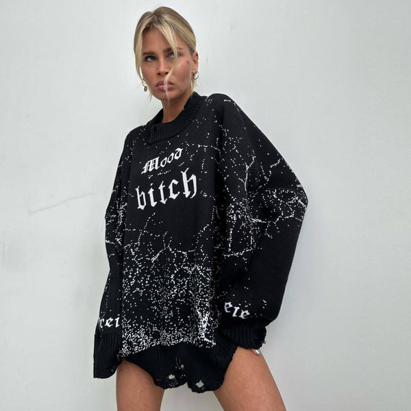 Street Style Letter Design Drop Shoulder Ripped Pullover Oversized Sweater