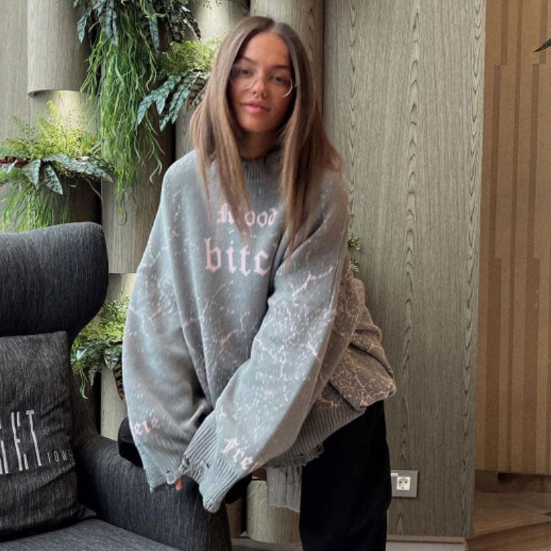 Street Style Letter Design Drop Shoulder Ripped Pullover Oversized Sweater