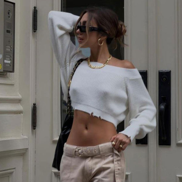 Street Style Off The Shoulder Long Sleeve Ripped Cropped Pullover Knit Sweater