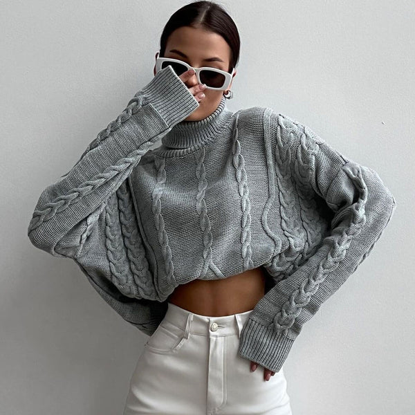 Street Style Turtleneck Drop Shoulder Long Sleeve Oversized Cable Knit Sweater