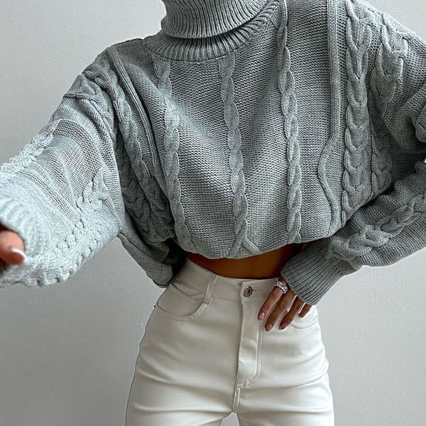 Street Style Turtleneck Drop Shoulder Long Sleeve Oversized Cable Knit Sweater
