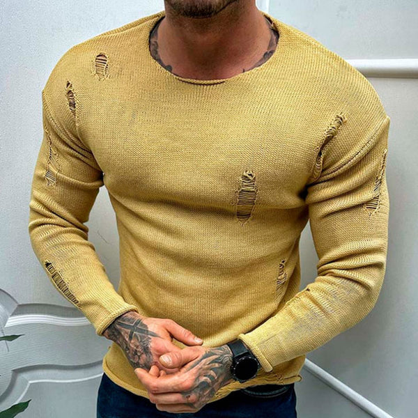 Stylish Distressed Knit Round Neck Long Sleeve Men Pullover Sweater