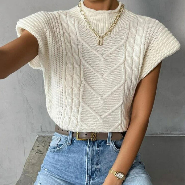 Stylish Solid Roll Trim Mock Neck Cap Sleeve Fisherman Cable Knit Sweater Vest