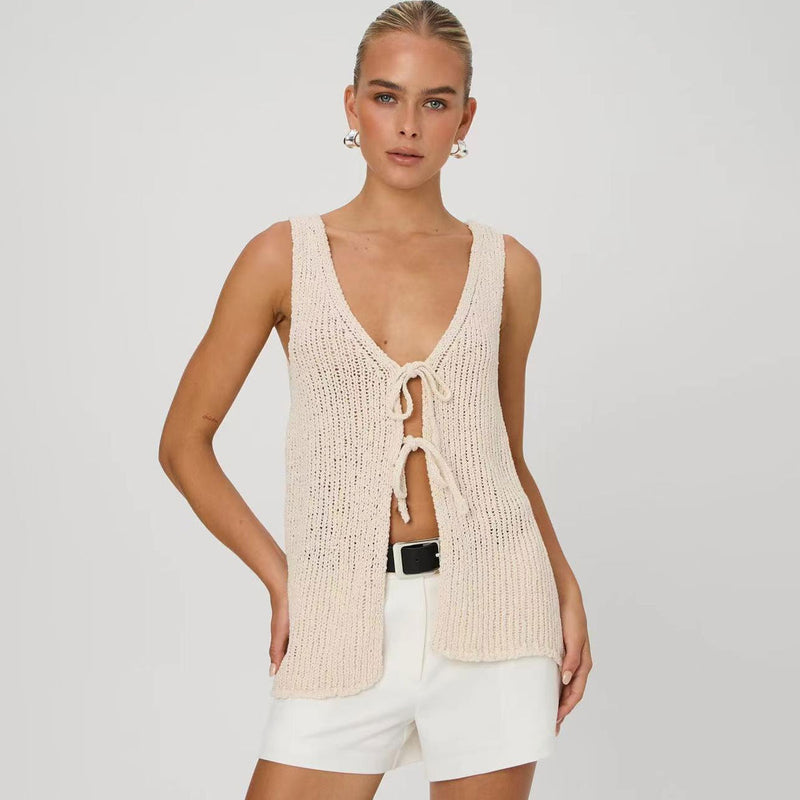 Summer Chic Solid Color V Neck Bow Tie Front Split Ladder Knit Tank Top