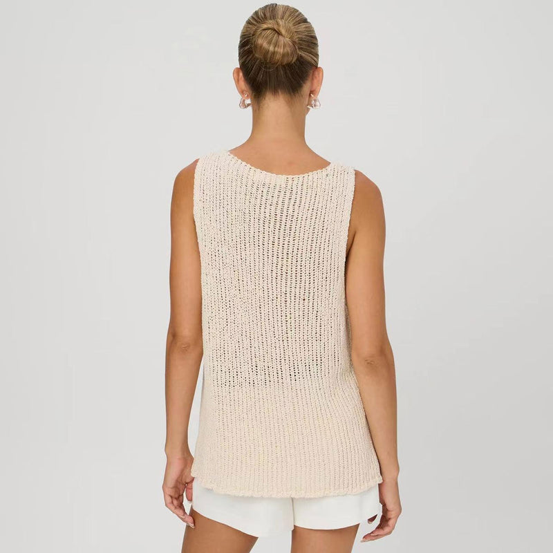 Summer Chic Solid Color V Neck Bow Tie Front Split Ladder Knit Tank Top