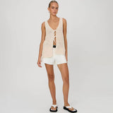 Summer Chic Solid Color V Neck Bow Tie Front Split Ladder Knit Tank Top