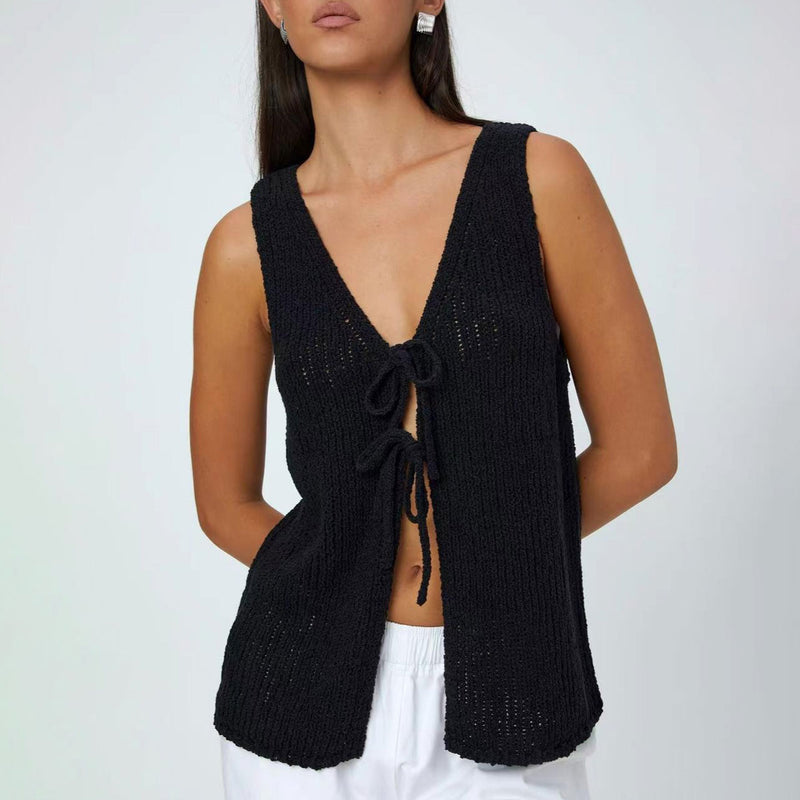 Summer Chic Solid Color V Neck Bow Tie Front Split Ladder Knit Tank Top