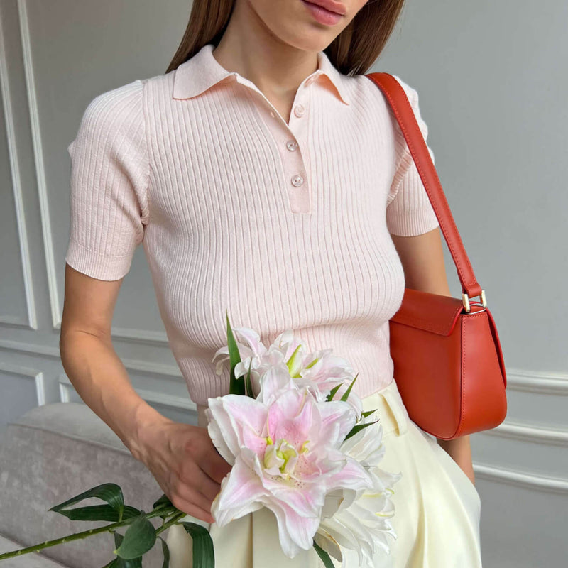 Summer Collared Half Button Short Sleeve Slim Fit Ribbed Knit Cropped Top
