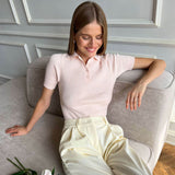 Summer Collared Half Button Short Sleeve Slim Fit Ribbed Knit Cropped Top