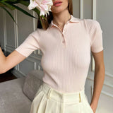 Summer Collared Half Button Short Sleeve Slim Fit Ribbed Knit Cropped Top