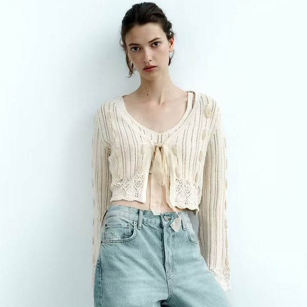 Summer Scalloped Trim Tie Front Pointelle Knit Cropped Cardigan