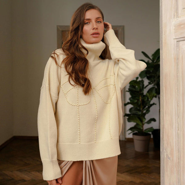 Sweet Beaded Detail Rib Knit Turtleneck Drop Shoulder Long Sleeve Oversized Sweater
