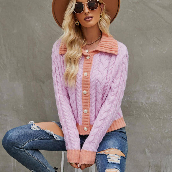 Sweet Contrast Color Collared Button Front Fisherman Cable Knit Oversized Cardigan