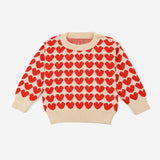 Sweet Heart Print Crew Neck Button Trim Long Sleeve Girls Pullover Sweater
