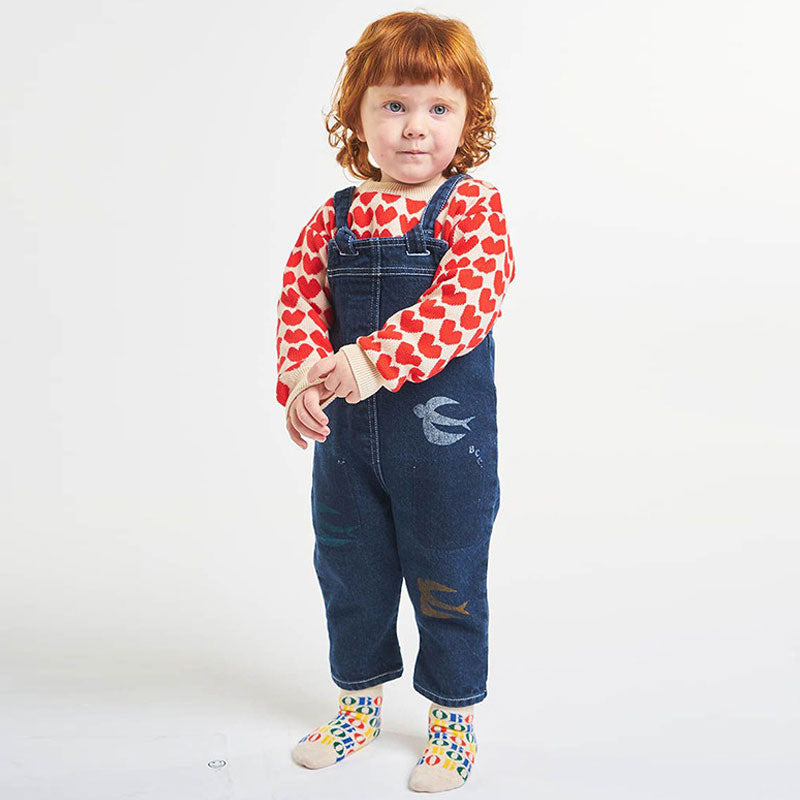 Sweet Heart Print Crew Neck Button Trim Long Sleeve Girls Pullover Sweater