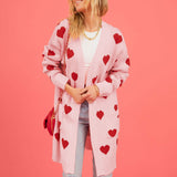 Sweet Love Pattern Collarless Long Sleeve Pocket Detail Open Front Knit Cardigan