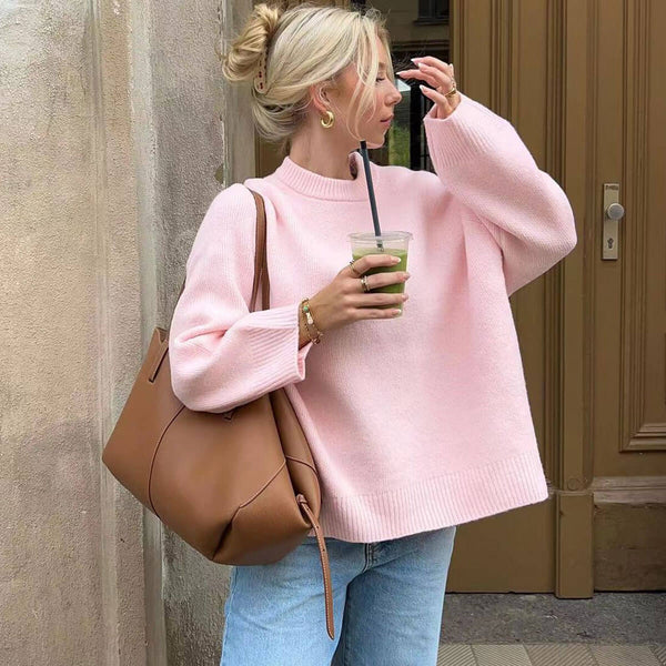 Sweet Ribbed Knit Crew Neck Drop Shoulder Long Sleeve Oversized Sweater