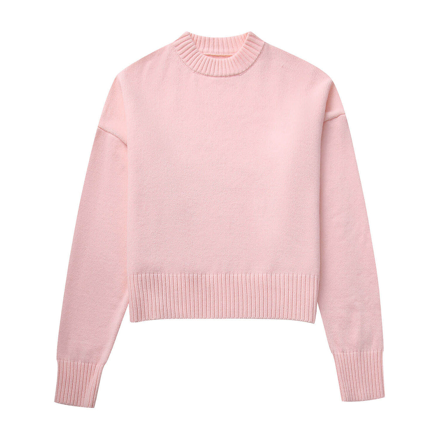 Sweet Ribbed Knit Crew Neck Drop Shoulder Long Sleeve