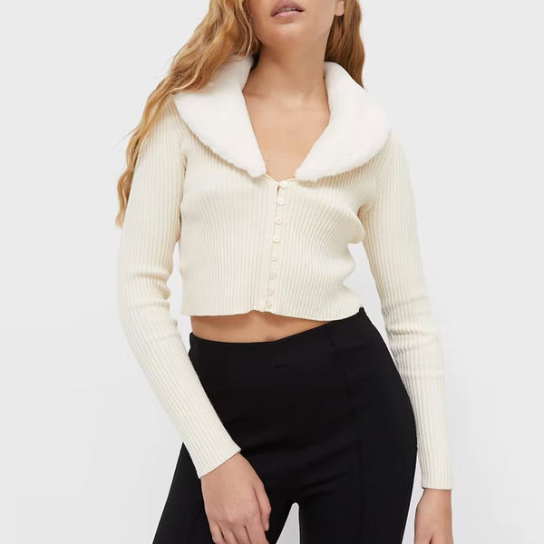 Trency Faux Fur V Neck Button Up Long Sleeve Rib Knit Crop Cardigan